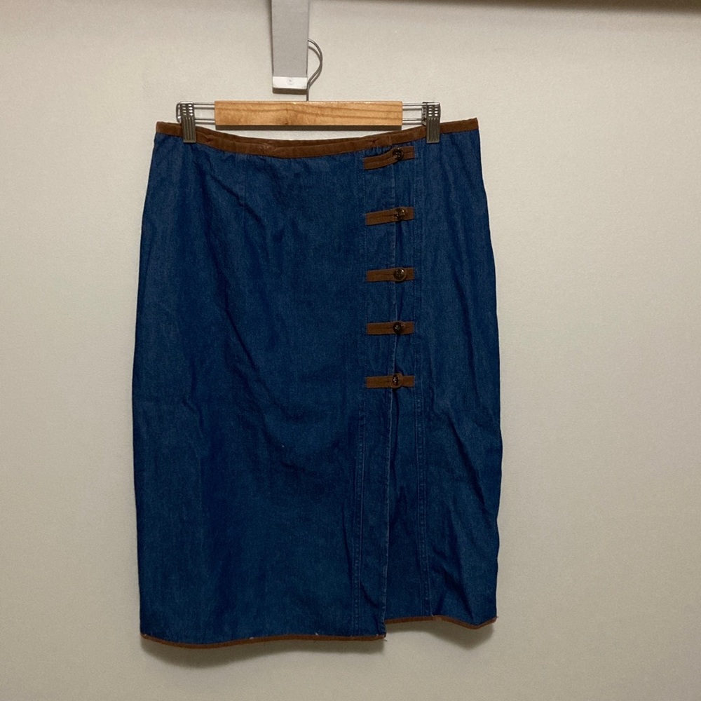 Sun River Denim Blue Jean Skirt with Brown Faux Suede Accents, Size Large Midi